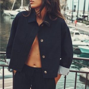 Zara linen blend cropped jacket in navy